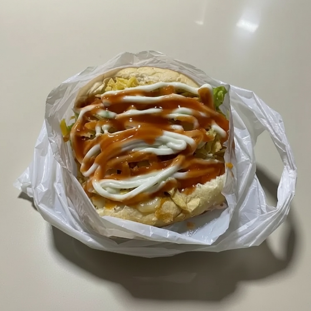 Pão, carne 90g, ovo, bacon, presunto, mussarela, alface, tomate, milho, batata palha, ketchup, maionese e maionese temperada.