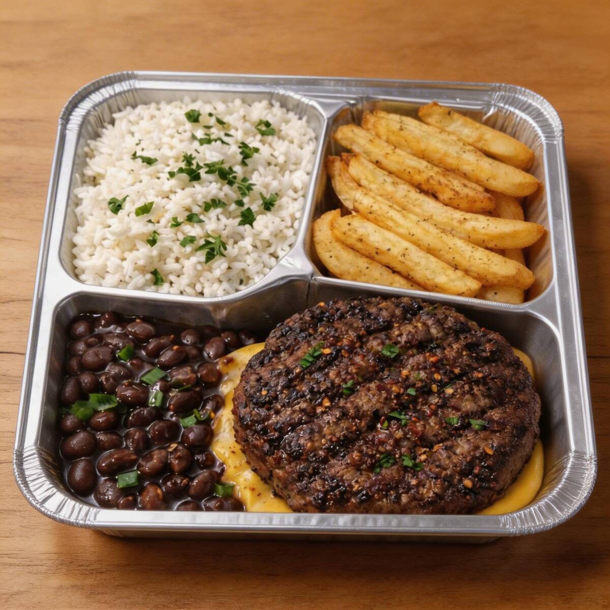 Arroz e feijão fresquinhos, hambúrguer artesanal suculento e acompanhamento à escolha: batata frita crocante.