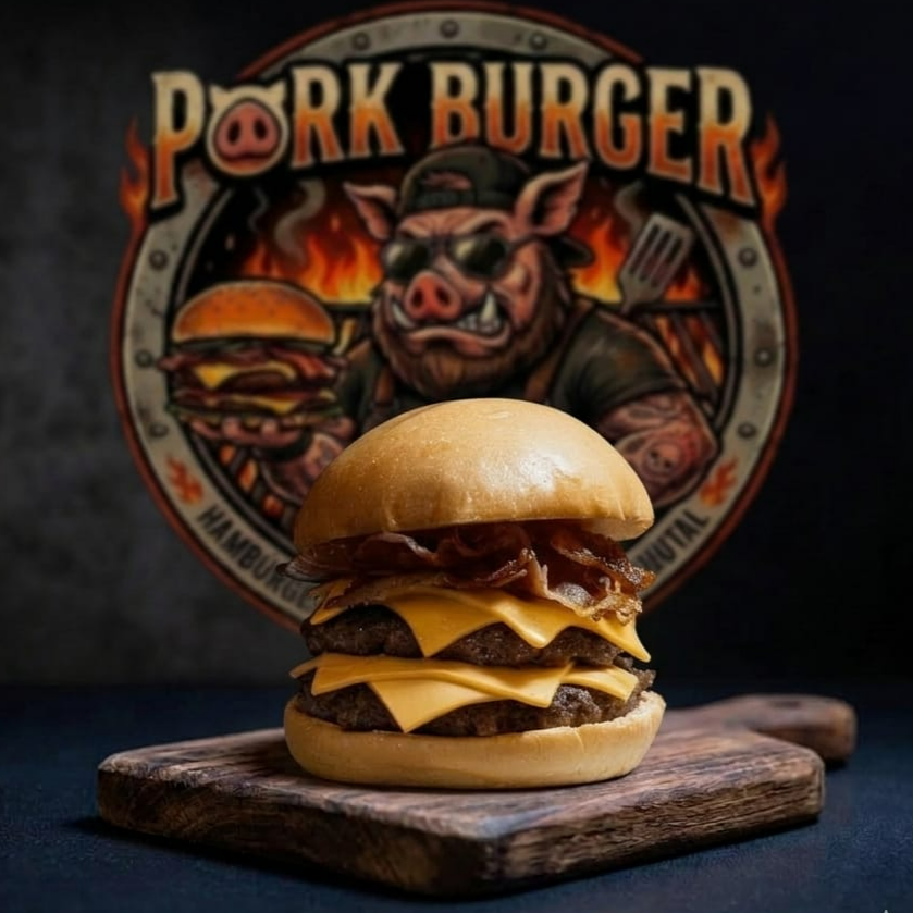 Dois hambúrguer Angus (Smash 100g - Esmagado na Chapa), prensando uma quantidade generosa de queijo cheddar americano derretido entre as carnes. Por cima, a brutalidade do bacon crocante com o estalo perfeito, acompanhado de maionese e ketchup de verdade. Tudo isso fechado em um pão levemente selado na chapa para aguentar o tranco.