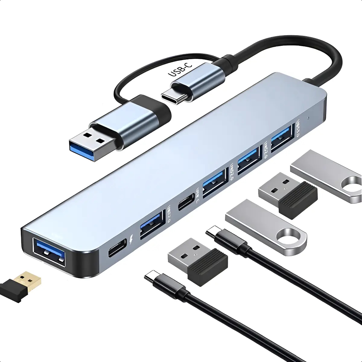 Hub USB-C 7 Em 1 Tipo C Multiportas 7 em 2 Alta Velocidade 3.0 RoyTec Azul-aço Compatível MacBook e Windows
