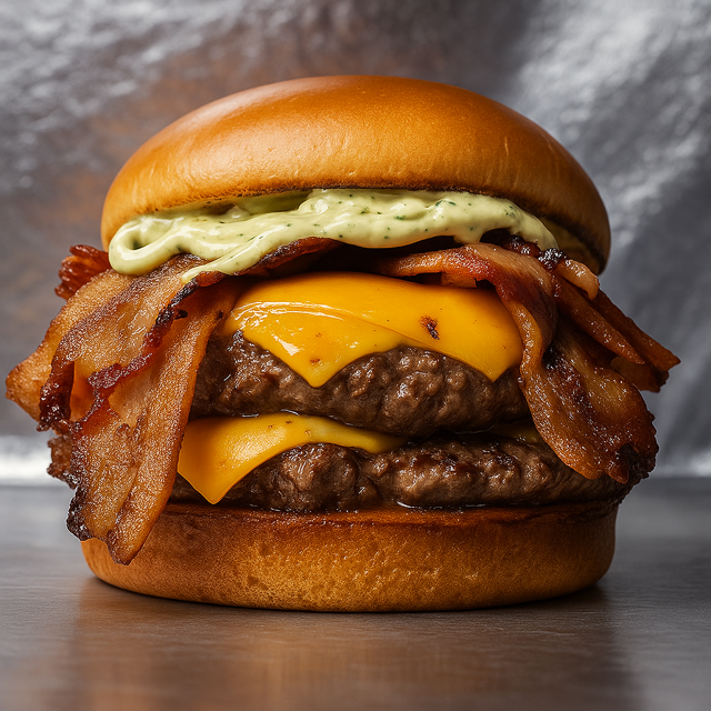 2 BURGER'S 150G, 2 QUEIJOS CHEDDAR, MAIONESE VERDE E MUITO BACON NO PÃO DE BRIOCHE ( MOTOR DE SABOR ACELERADO).