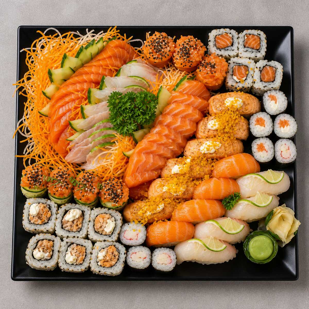 20 sashimi salmão + 10 sashimi peixe branco + 6 jyo (3 salmão e 3 pepino) + 6 niguiri defumado com cream cheese e Doritos + 4 niguiri peixe branco + 4 niguiri salmão + 8 uramakis(4 filadelphia, e 4 grelhado) + 8 hossomaki(4 kani e 4 salmão)