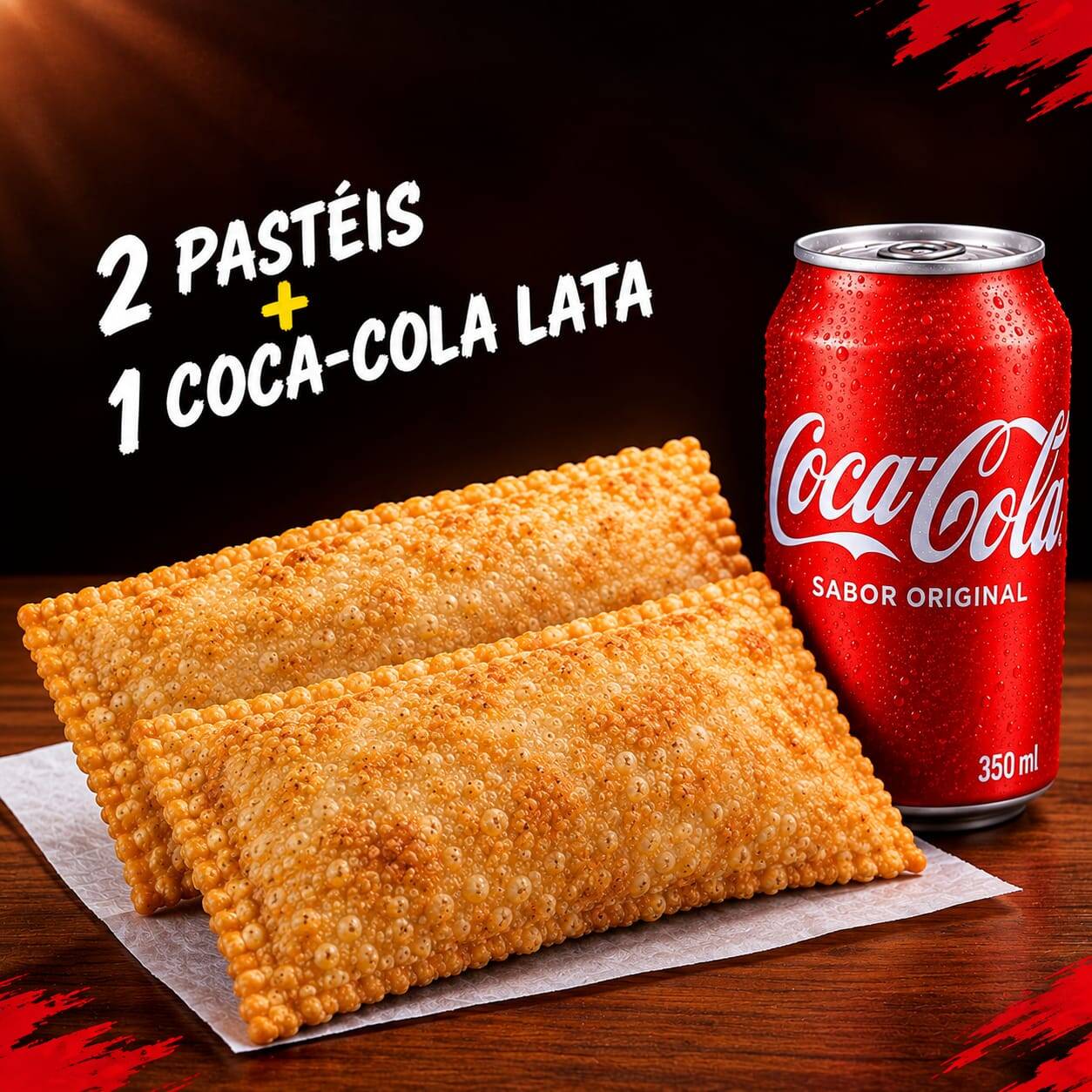 2 Pastéis à sua escolha + 1 Coca-Cola Lata (350ml). O dobro de sabor e crocância no seu pedido! Escolha os recheios dos seus pastéis quentinhos e aproveite com aquele refrigerante trincando de gelado