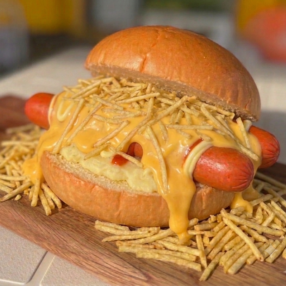 2 salsichas, maionese PREMIUM, catchup, mostarda, batata palha e cheddar cremoso.