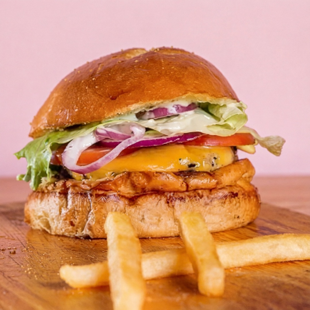 Burguer bovino de aproximadamente 150g, blend da casa, queijo prato ou mussarela, tomate, alface americano, cebola roxa, molho da casa no pão de batata.