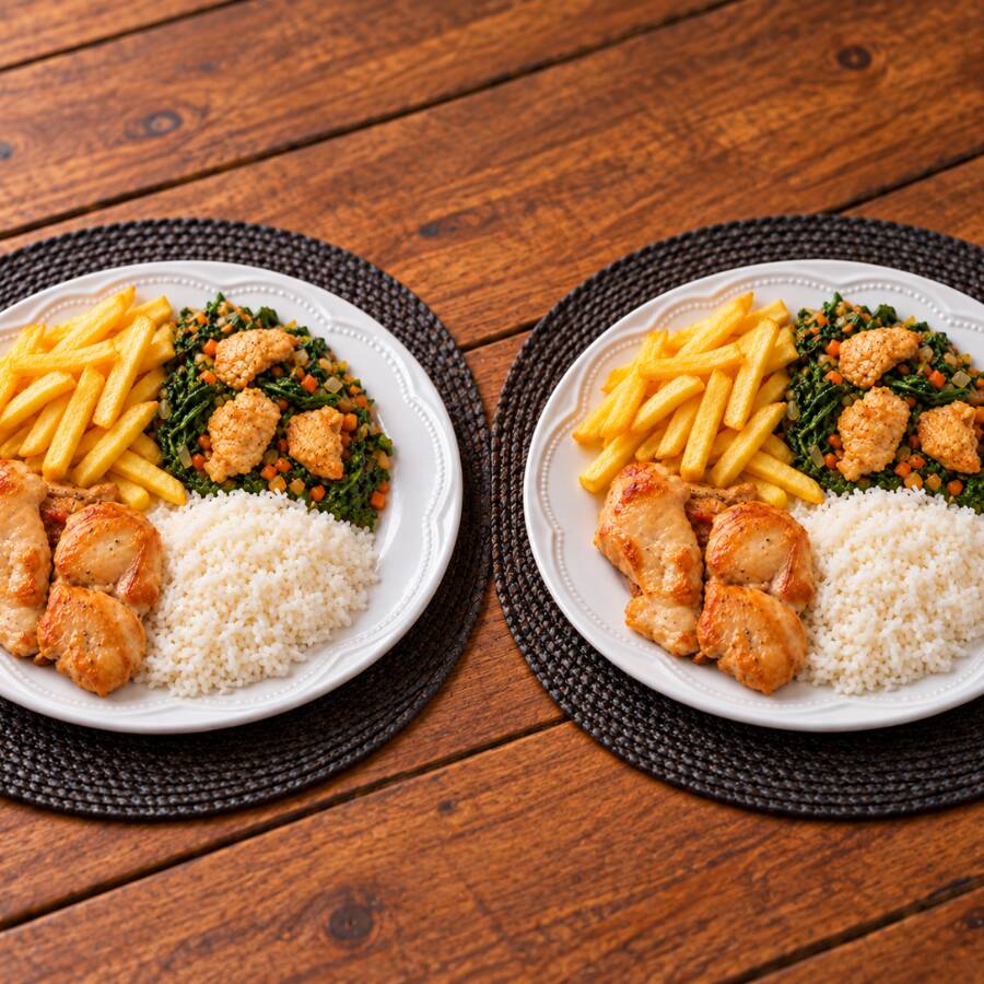 2 porções de filé de frango acompanhadas de arroz branco, feijão tropeiro, batata frita e salada do dia. Um combo completo, bem servido e ideal para compartilhar com muito sabor.