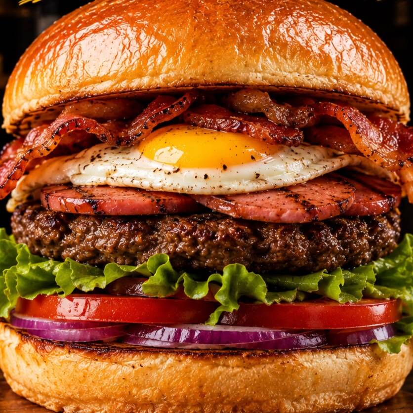 Hambúrguer suculento de picanha 120g, derretendo cheddar cremoso e bacon crocante.