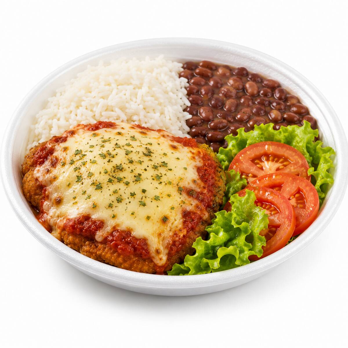 Marmita 500ml
Itens da Quentinha: Feijão, Arroz, Macarrão, Salada Verde e Farofa
Delicioso Frango à Parmegiana cortado em bife, preparado na farinha de rosca e feito com aquela receita secreta da vovó e coberto com queijo muçarela Premium.