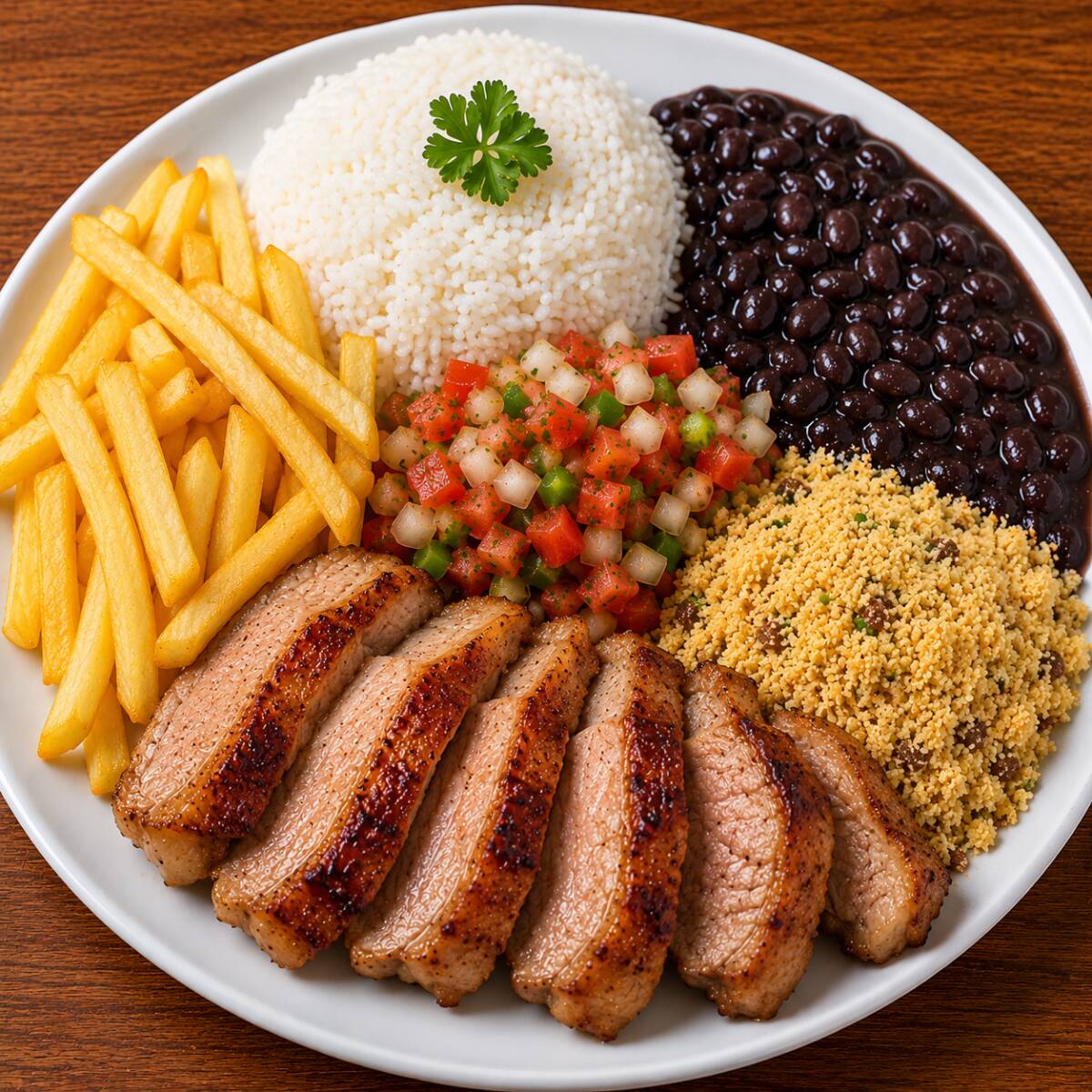Acompanha: Arroz, Feijão, farofa, vinagrete, macarronese