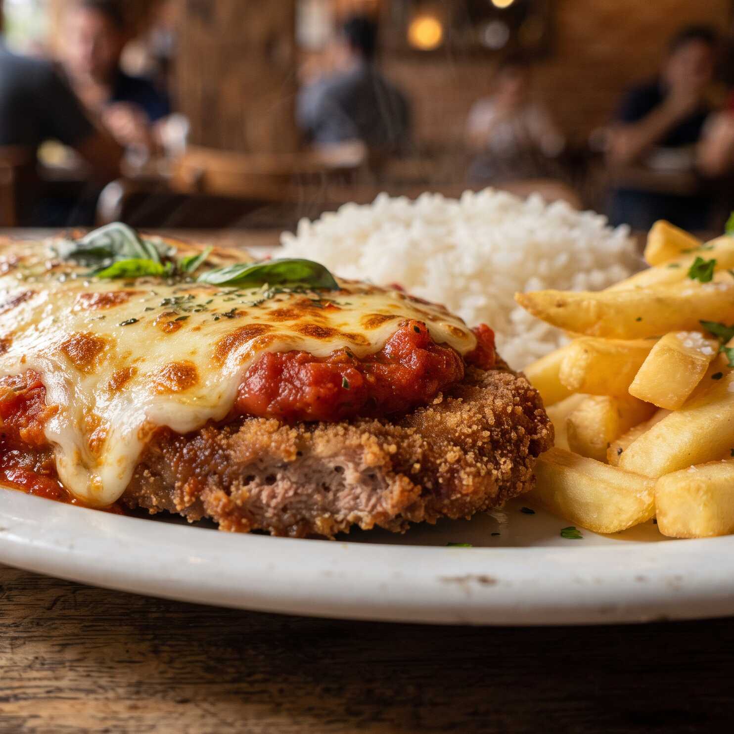 220 gramas de contra filé empanado gratinado com queijo muçarela e molho de tomate, acompanha arroz e batata frita.