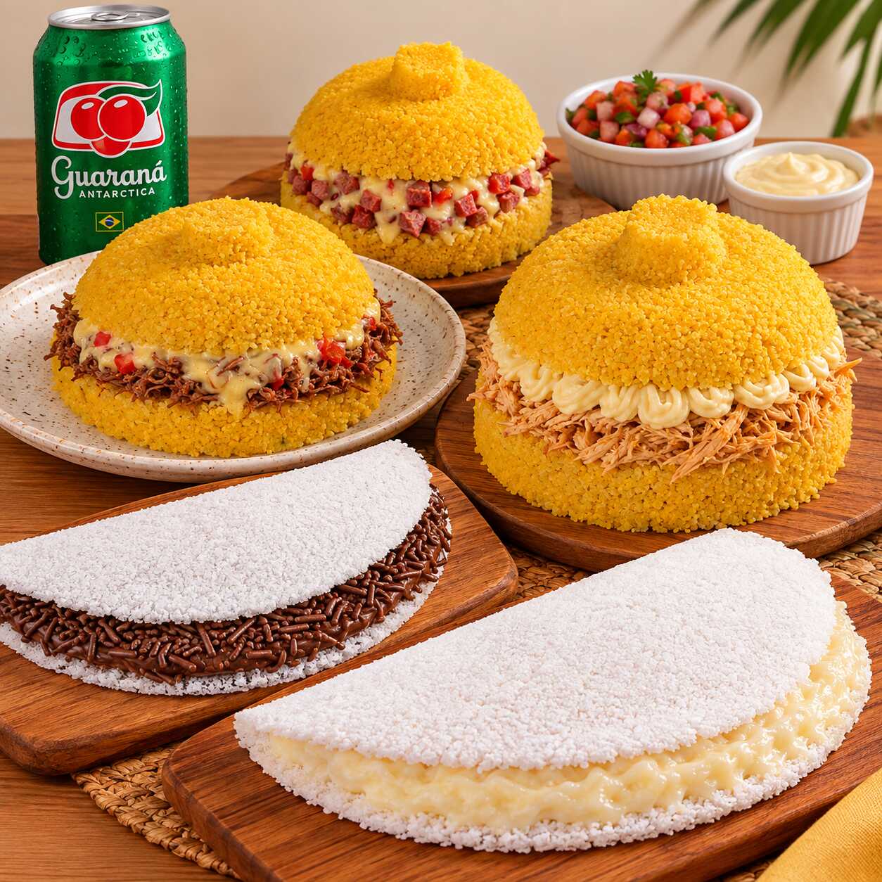 Combo individual Xêrobom: Escolha um dos nossos cuscuz mais vendidos, uma tapioca doce e ganhe um guaraná.