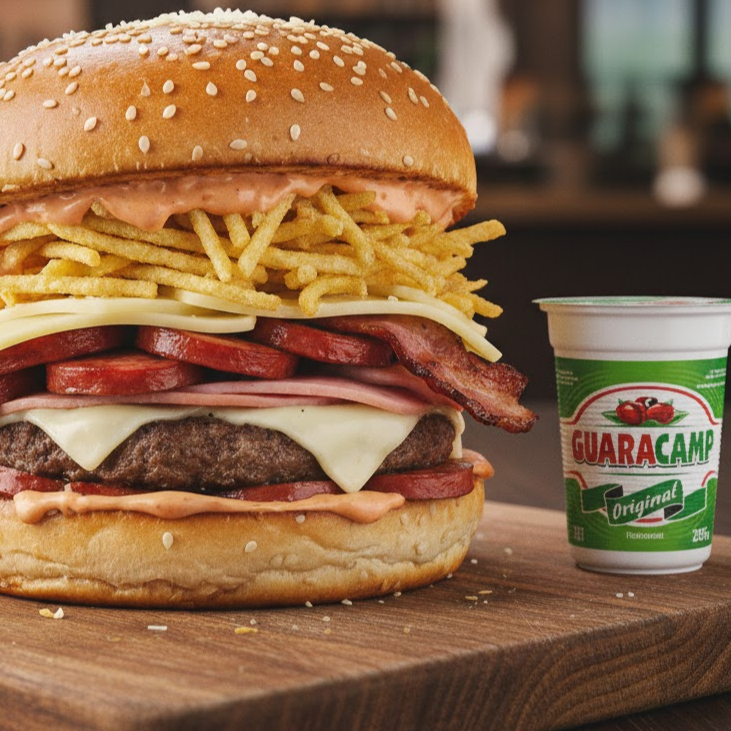 Pão, carne, queijo, presunto, batata palha, molho, bacon, calabresa e queijo ralado