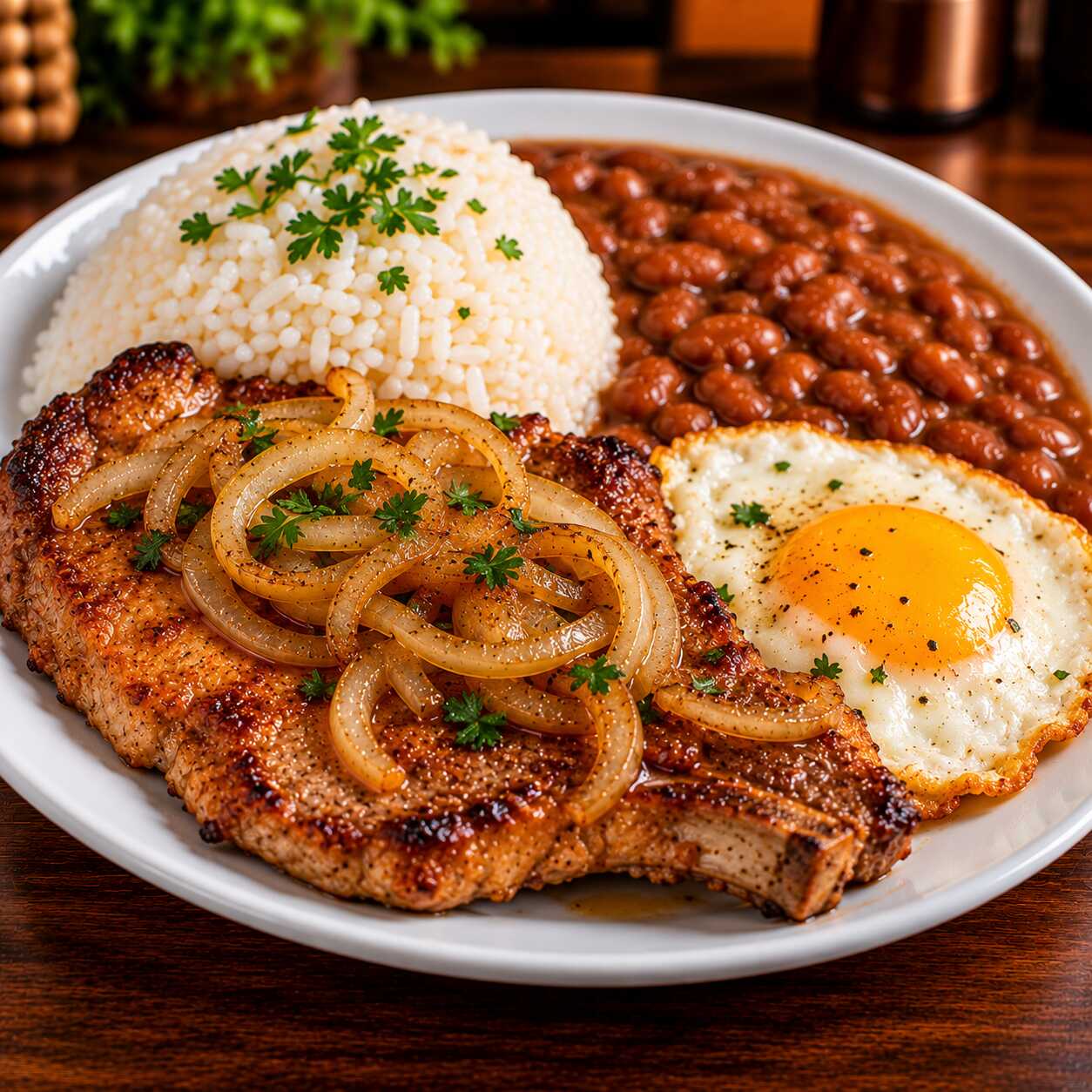Bisteca suína acebolada, douradinha, suculenta e bem temperada, acompanhada de ovo frito, arroz branco soltinho e feijão caseiro. Um prato caprichado, completo e cheio de sabor para matar a fome de verdade!