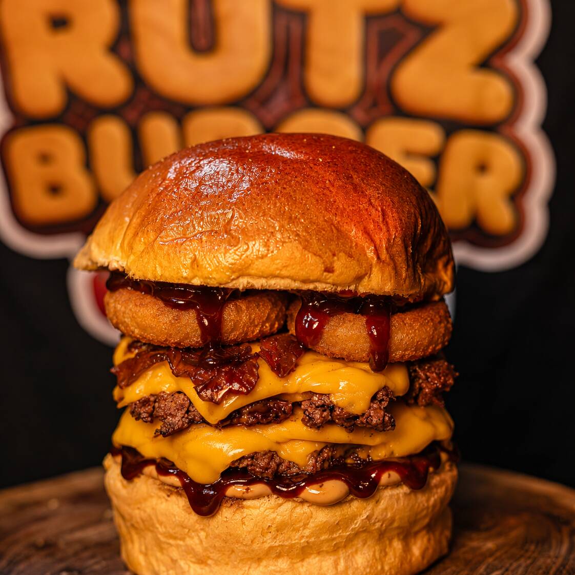 Pão brioche selado, 2x carnes 80g douradinhas, cheddar escorrendo, onion rings crocantes e o molho bbq que deixa tudo especial.