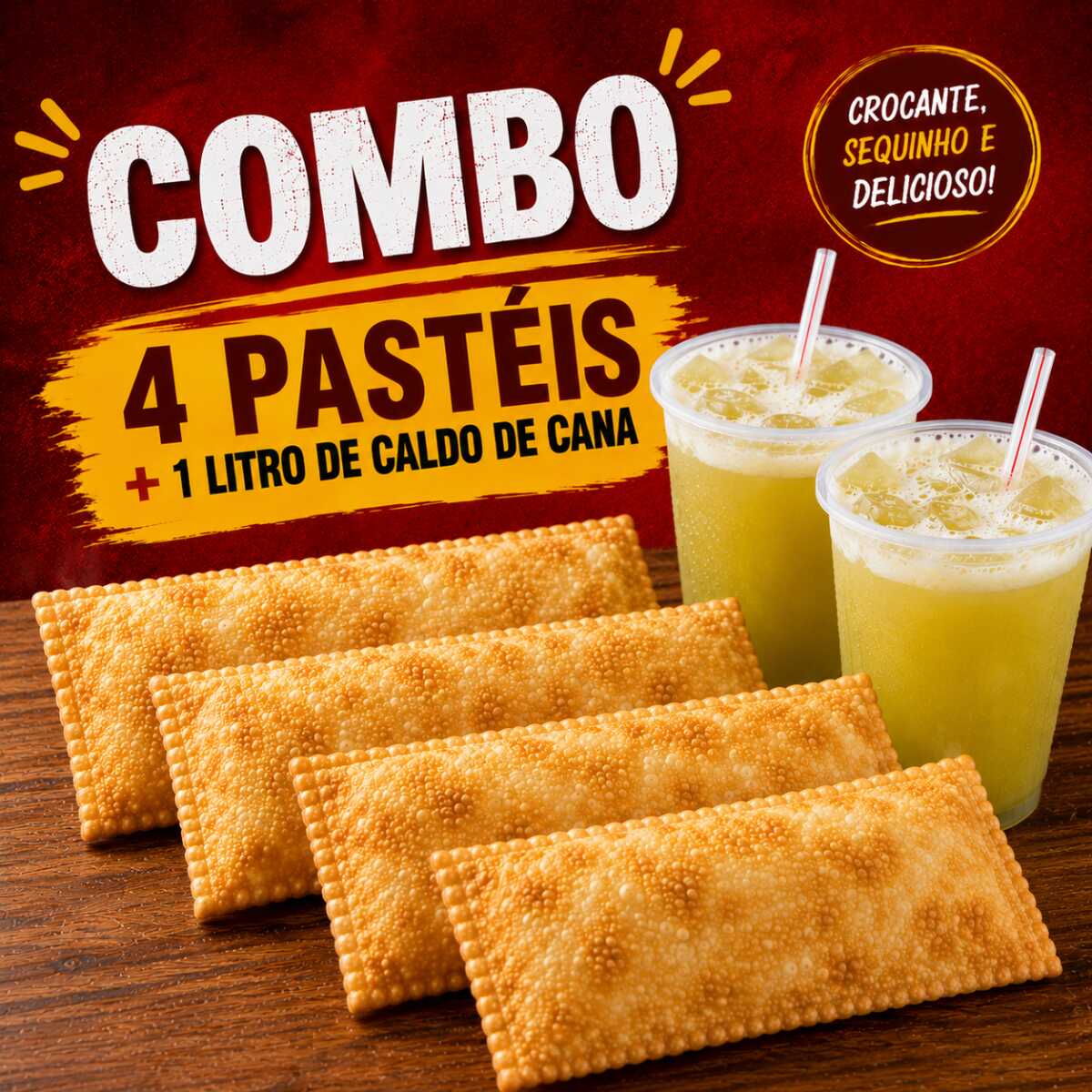 Escolha 4 sabores de pastéis tradicionais e 1 caldo de cana de 1000ml.