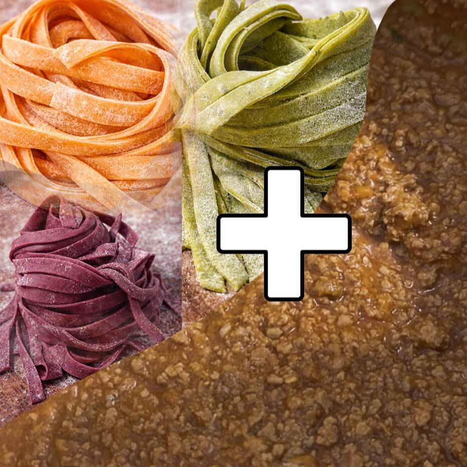Massa fresca artesanal colorida + 2 Ragù alla Bolognese (serve 4-5 pessoas). (Direto do freezer para a panela)
