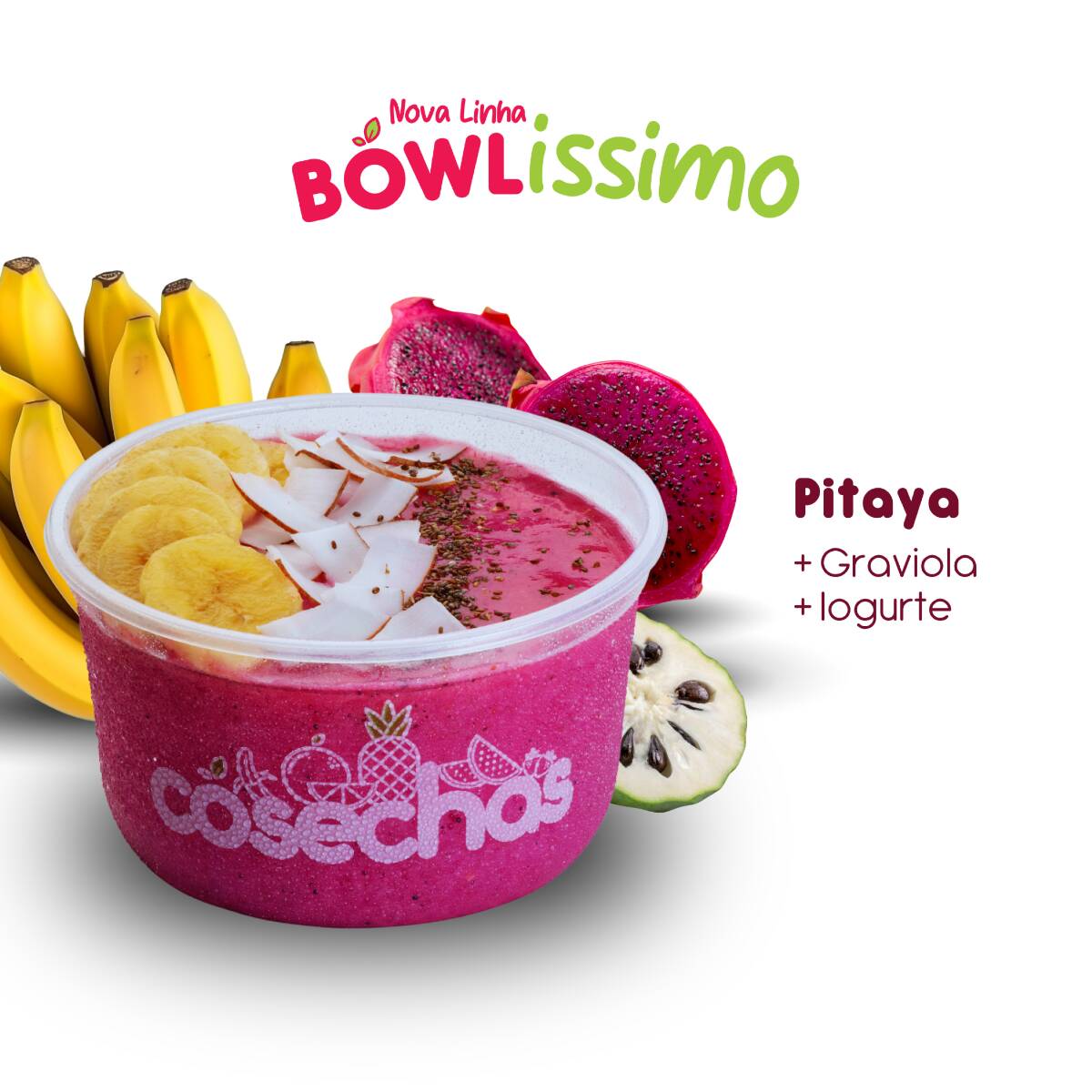 A pitaya e a graviola se unem ao iogurte em uma combinação cremosa, com sabores delicados e textura agradável em cada colherada.
