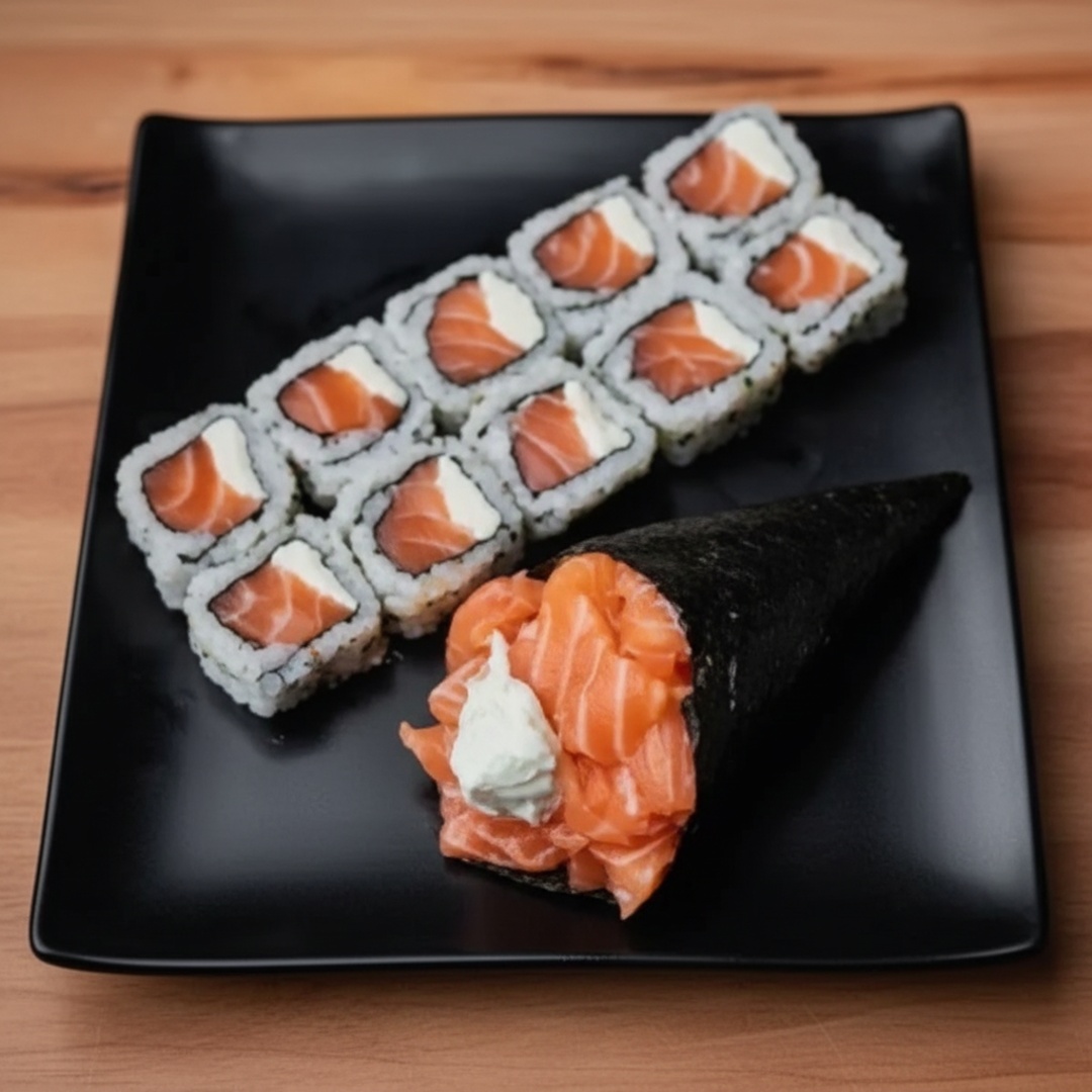 Temaki = arroz,alga,salmao em cubos e cream chesse tamanho do temaki = 10 a 13 cm Sushi filadelfia = arroz,alga,salmao e cream chesse *Não fazemos alterações no combo