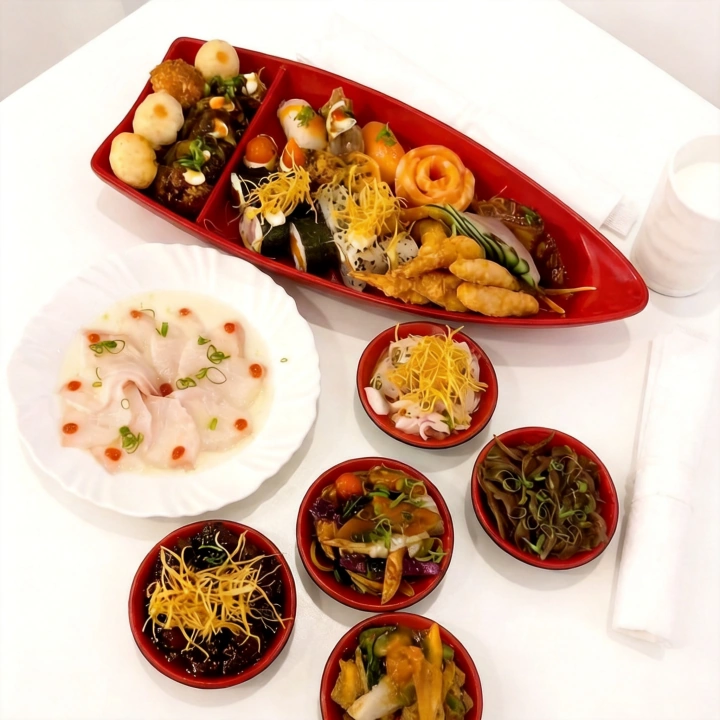 ENTRADA FRIA :1 Tataki, 1 Sunomono, 1 Ceviche, 1 Capaccio De Tilapia. ENTRADA QUENTE: 2 Iscas De Peixe Branco, 2 Ebi-De Camarão, 5 Hot Filadelfia,1 Yakissoba, 1 Shimeji, 4 Camarão Empanado, 2 Croquetas De Salmão. PRATO PRINCIPAL: 4 Hossomaki, 4 Uramaki, 4 Sashimi De Salmão, 4 Sashimi De Tilapia, 4 Sashimi De Salmão Black, 3 Niguiri. SOBRE MESA: 1 HARAMAKI DE DOCE LEITE, 1 HARAMAKI DE CHOCOLATE.