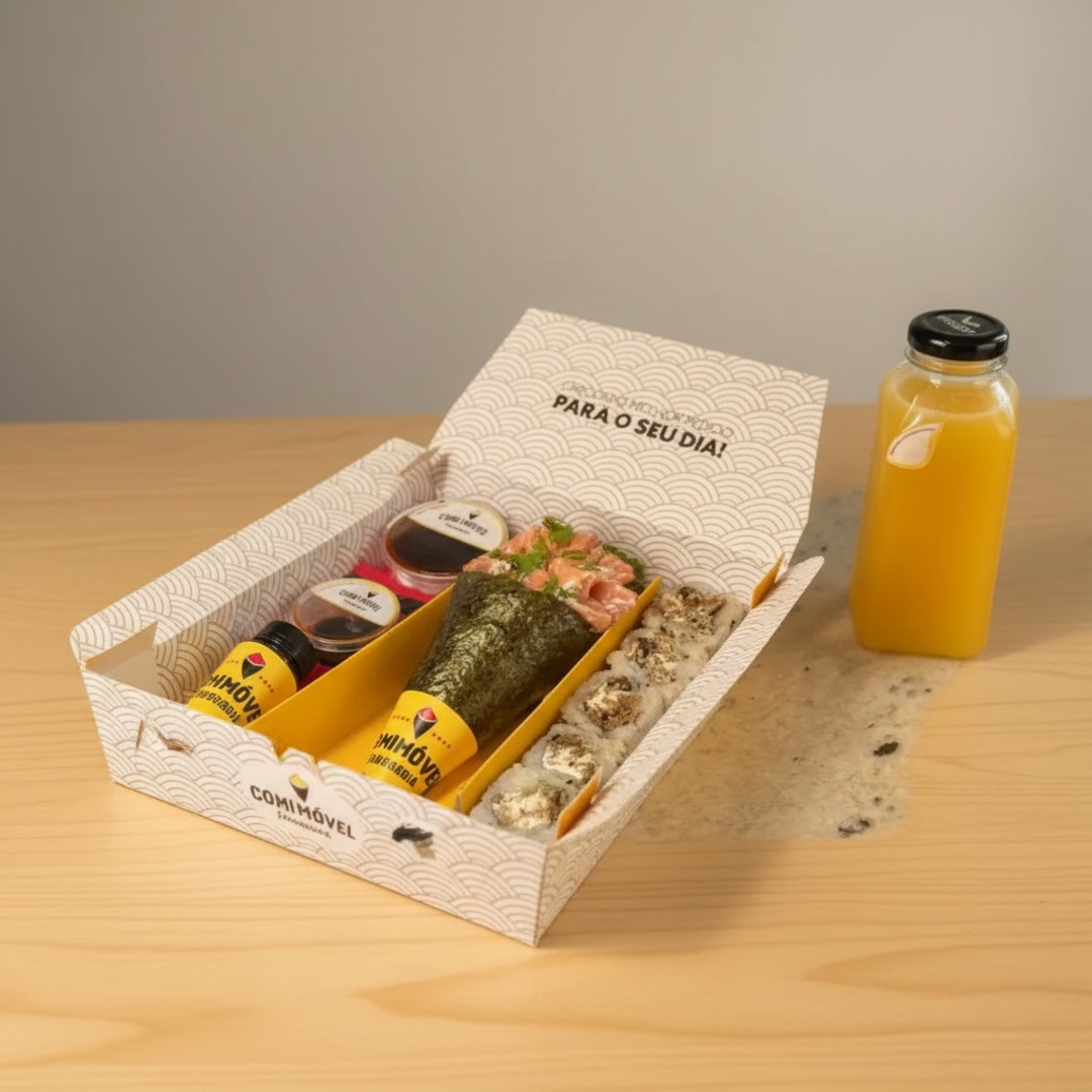 1 Temaki Salmão Philadelphia, 5 Uramaki de Skin, 1 Bebida.