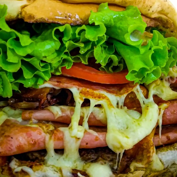 duas carnes, muito queijo, molho especial, presunto, calabresa, salsicha, milho, ervilha, pao selado, salada, bacon, etc.