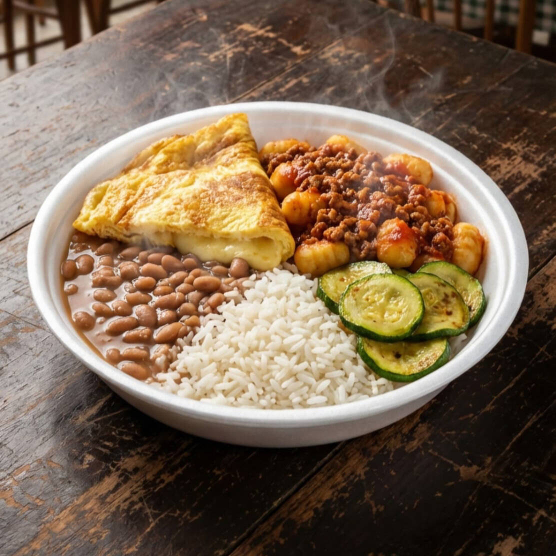 Omelete leve e fofinha, preparada com queijo derretido que garante cremosidade a cada garfada. Acompanha arroz soltinho, feijão caseiro, brócolis ao alho e óleo e farofa de bacon.