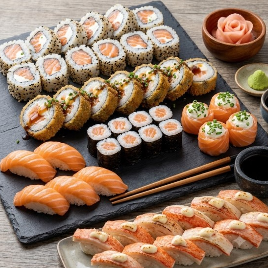 20 - Uramaki Filadélfia 10 - Carioca de Salmão 10 - Hossomaki de Salmão 5 - Niguiri de salmão 5 - Jow Jow Este exuberante prato '60 Peças de Salmão' da categoria 'Combo que a Gente Ama!' é uma verdadeira festa para os amantes de sushi. Com 20 deliciosos Uramakis Filadélfia, 10 encantadores Cariocas de Salmão e 10 autênticos Hossomakis de Salmão. Ainda inclui 5 sofisticados Niguiris de Salmão e 5 irresistíveis Jow Jow. Cada peça é meticulosamente preparada, ressaltando a frescura e a qualidade do salmão. Um prato perfeito para compartilhar, celebrar e saborear!