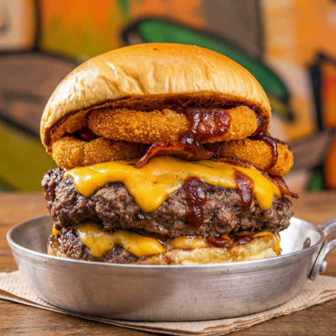 Pão tostado na chapa com manteiga, 2 hamburgueres artesanais de aprox 160g cada, 4 fatias de queijo cheddar, 3 onion rings, bacon, barbecue artesanal a base de conhaque e maionese da casa.