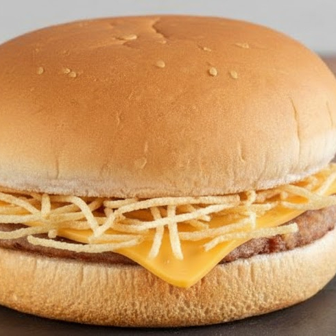 Pão, carne, queijo e batata palha