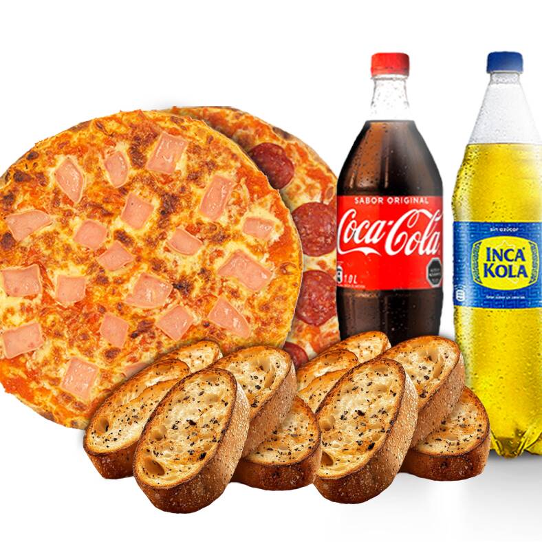 2 Pizzas Familiares +10 Pancitos al Ajo+1 Gaseosa