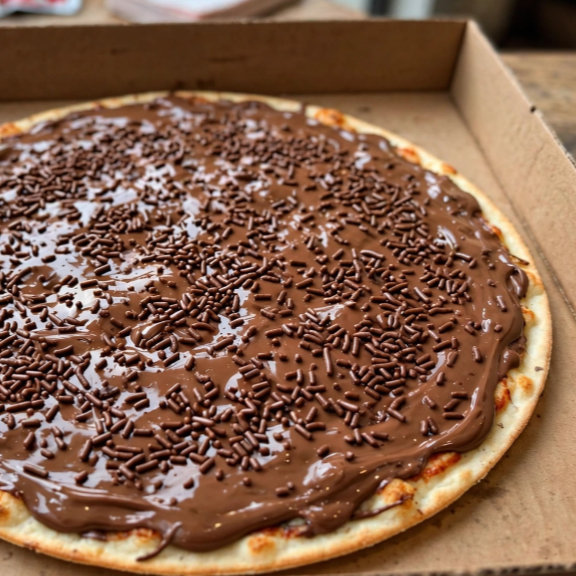 Chocolate ao leite cremoso com granulado. Massa fina, doce na medida.