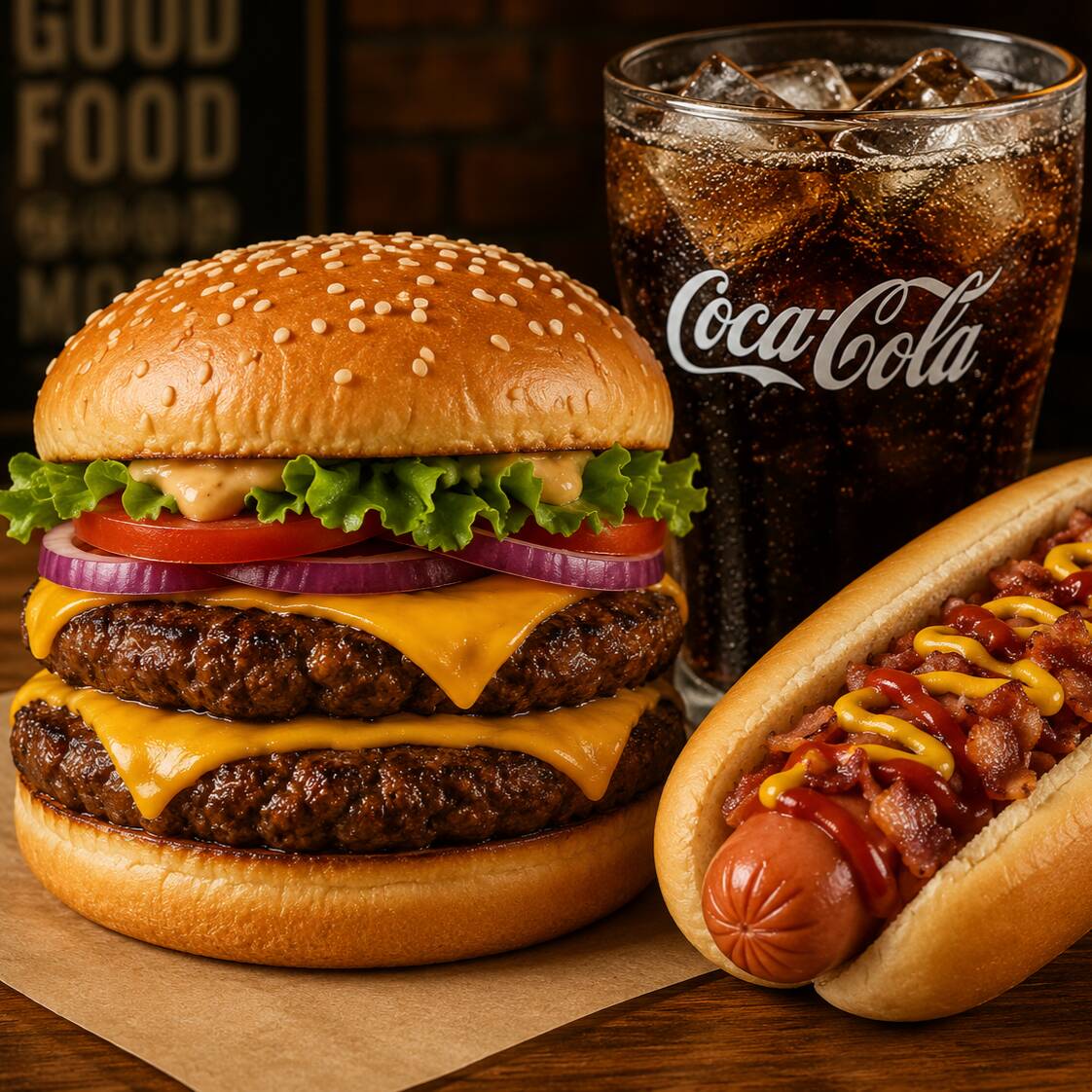Hamburguesa Doble Queso yPapas + Hotdog con Tocino