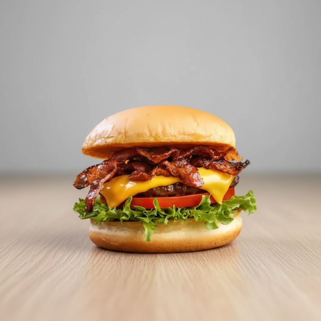 Foto meramente ilustrativa. Pão, carne, queijo, bacon e molhos.