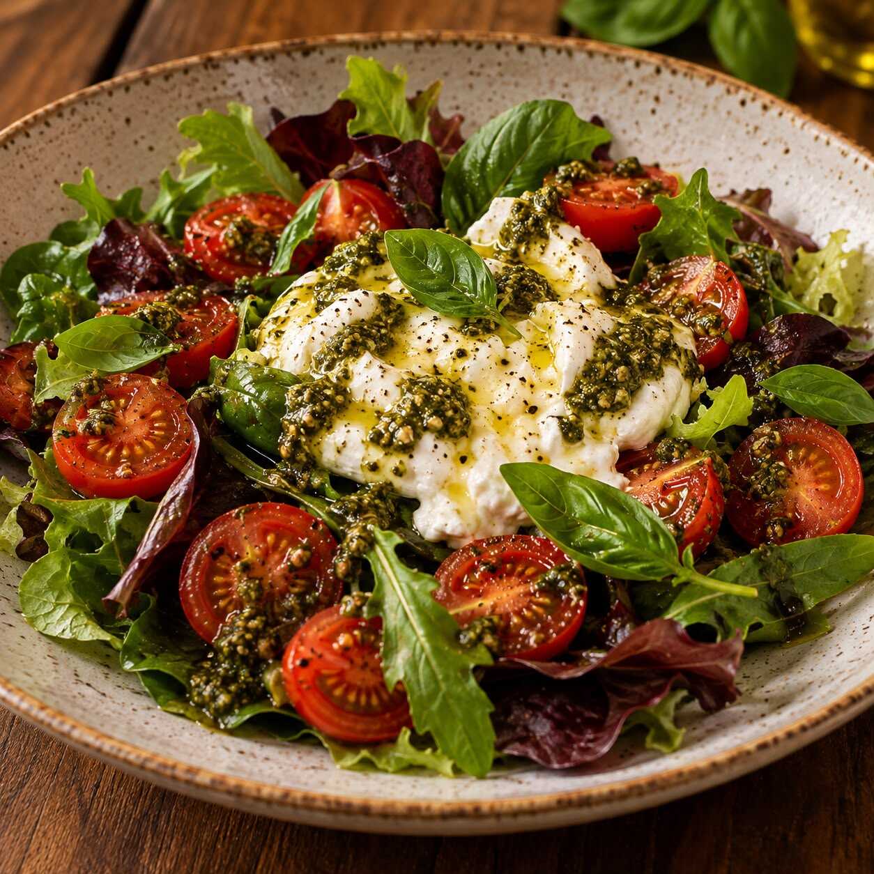 Mix de folhas, tomate cereja, creme de burrata, molho pesto e manjericão.