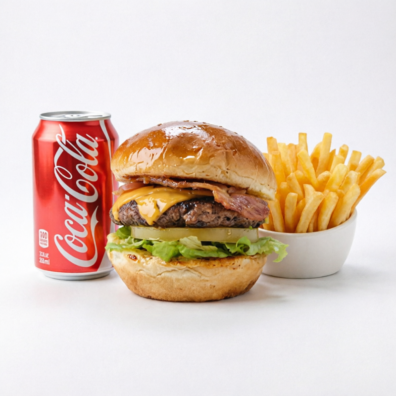 Acompanha, 1 Cheff Bacon, 1 porção pequena de batata e 1 refrigerante lata 350ml