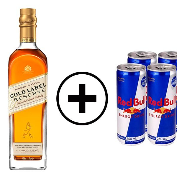 Combo de whisky Gold Label. Acompanha 4 gelo saborizado, 4 RedBull, 4 Copo 700ml.