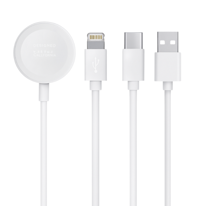 O Carregador 3 em 1 para Apple Watch é a solução completa para quem deseja carregar simultaneamente iphone, Apple Watch e Airpods com praticidade, estilo e eficiência. Composto por base magnética para o relógio (Magsafe), cabo Lightning, Usb-C e Usb-A, o carregador oferece carregamento rápido, seguro e organizado.