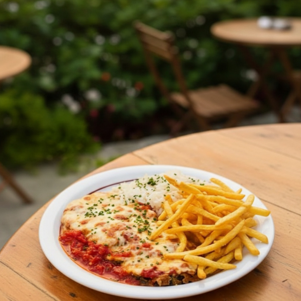 NÃO FAZEMOS ALTERAÇÃO NO PRATO. "Delicioso bife à parmegiana, preparado com carne macia e suculenta, empanado e coberto com nosso molho de tomate caseiro e queijo mussarela derretido. Acompanha arroz soltinho e batata frita crocante. Uma explosão de sabores que vai te surpreender."