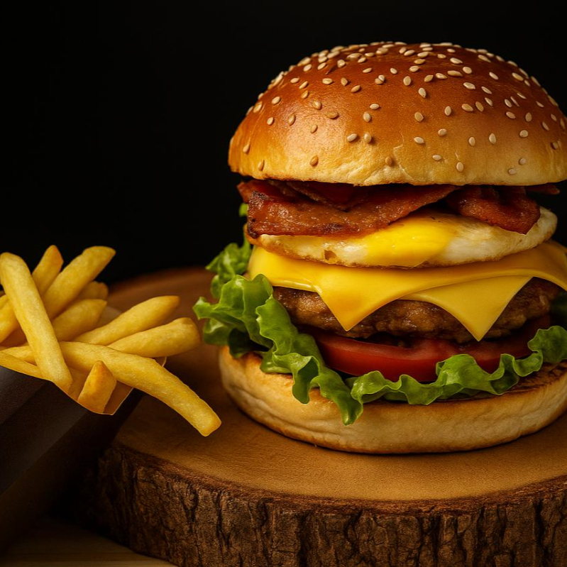 Pão brioche artesanal, carne 56g, ovo, queijo derretido, queijo cheddar, saladinha, molho grill, bacon fritinho, calabresa, e batata palha.