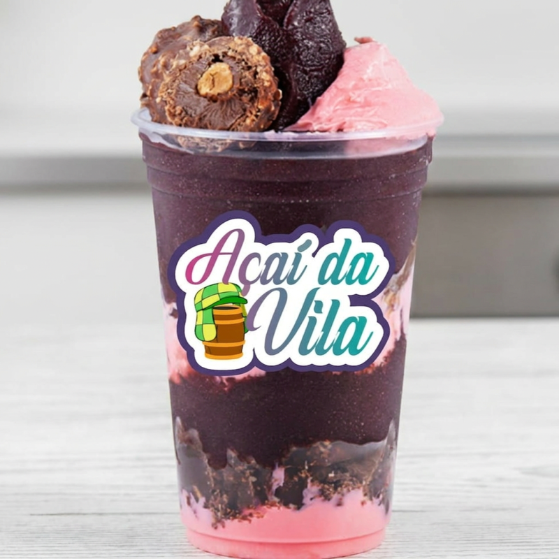 Delicioso açaí com creme de morango escolha até 2 acompanhamentos, 2 frutas e 2 caldas.