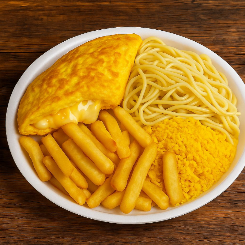 Omelete de queijo: Acompanhado de Arroz, Feijão, Macarrão, farofa caseira e Batata Frita.