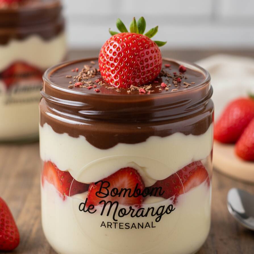 O bombom no pote de Morango é uma das sobremesas mais desejadas por unir o frescor ácido da fruta à doçura aveludada do chocolate em camadas generosas.A montagem começa com uma base rica de brigadeiro branco gourmet (ou creme de leite condensado), que serve de leito para morangos frescos e inteiros. A fruta, ao ser cortada pela colher, solta sua suculência natural, que se mistura à cremosidade do creme. Para finalizar, uma camada espessa de ganache de chocolate meio amargo é vertida por cima, criando o contraste de cores e sabores que define o clássico bombom.