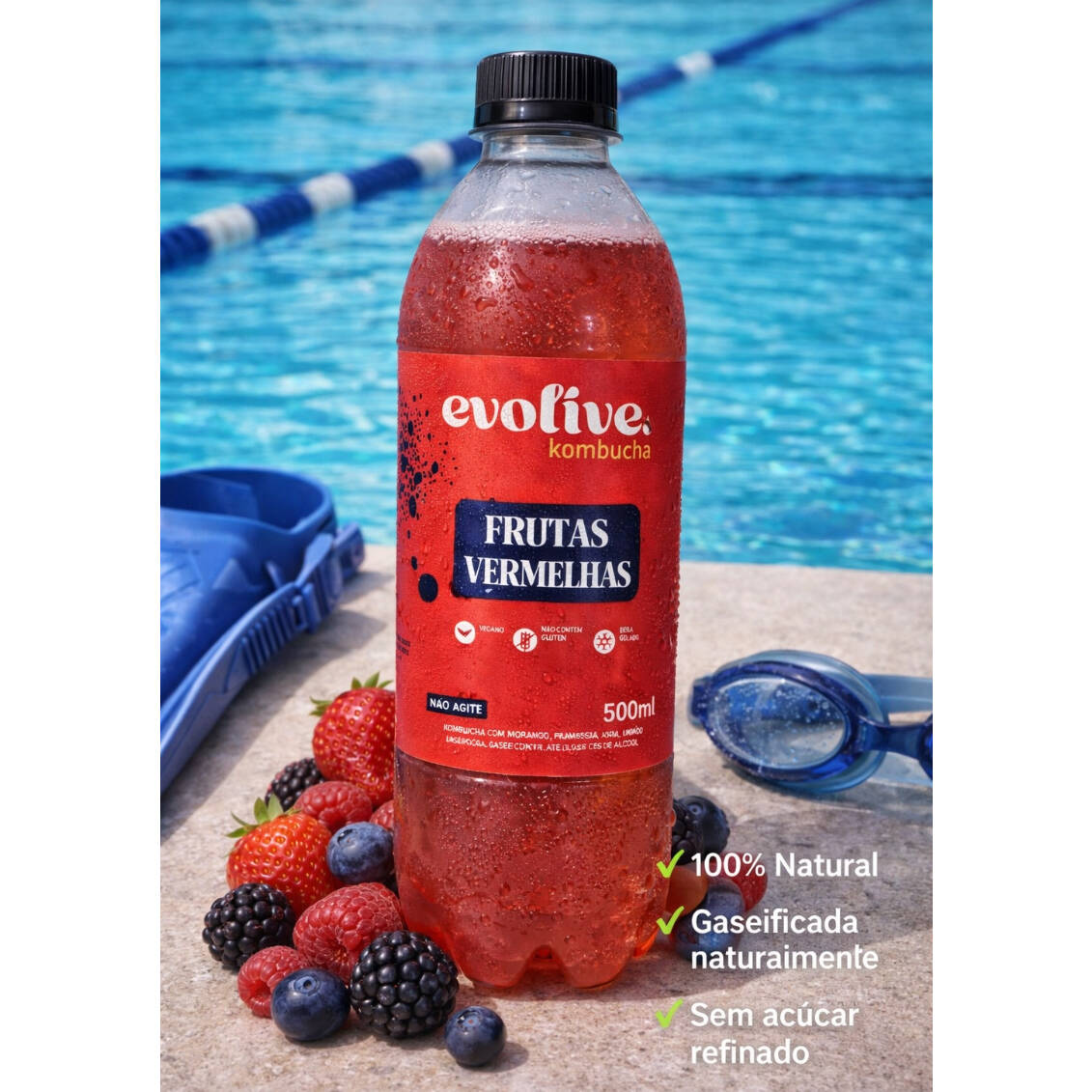 Kombucha Artesanal 500ml – Frutas Vermelhas. Bebida funcional naturalmente fermentada, rica em probióticos e com gaseificação natural. Refrescante, sabor intenso e levemente adocicado das frutas vermelhas. Alternativa saudável ao refrigerante tradicional, sem conservantes artificiais. Ideal para consumo individual. Peça mais de um sabor e aproveite