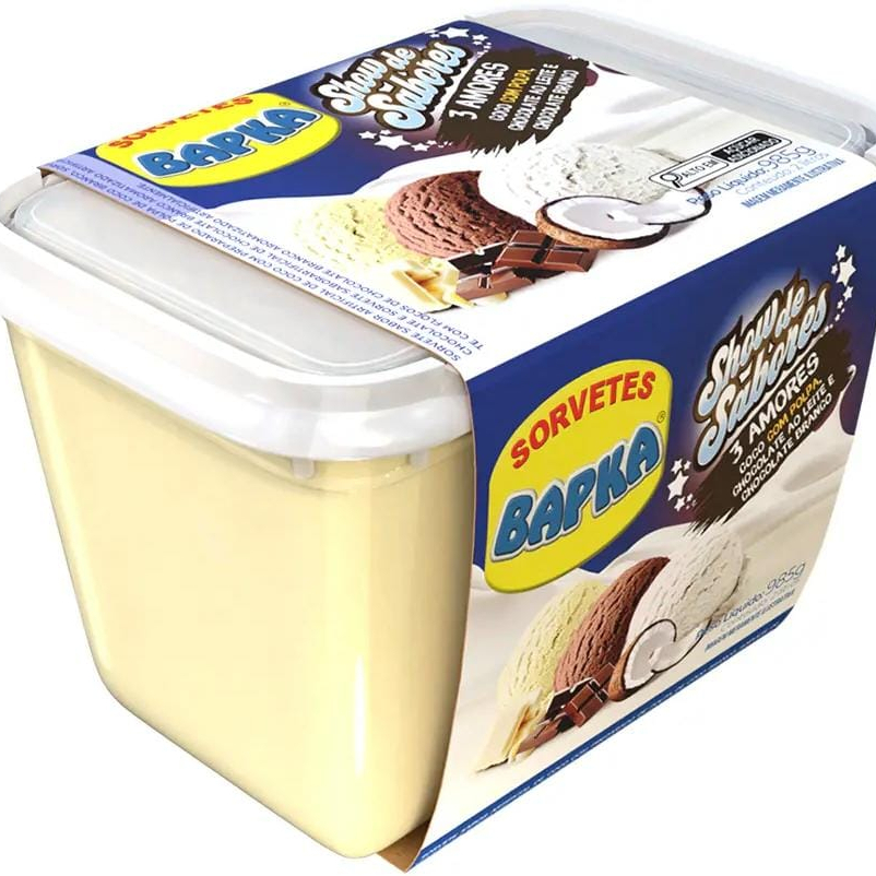 Sorvete 2l Sabor chocolate preto, Chocolate branco e coco com polpa