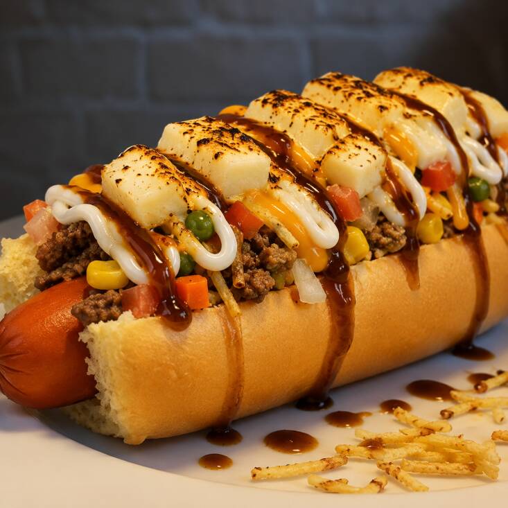 Pão, salsicha, carne moida, cheddar,Catupiry, coalho,cebola, tomate, milho, cenoura, ervilha, batata palha, pure, queijo maçaricado, barbecue, maionese (caseira)