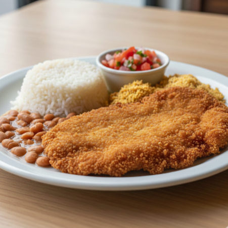Filé de frango empanado e dourado, crocante por fora e suculento por dentro, acompanhado de arroz branco, feijão caseiro, farofa temperada e vinagrete fresco. Prato completo, bem servido e cheio de sabor.