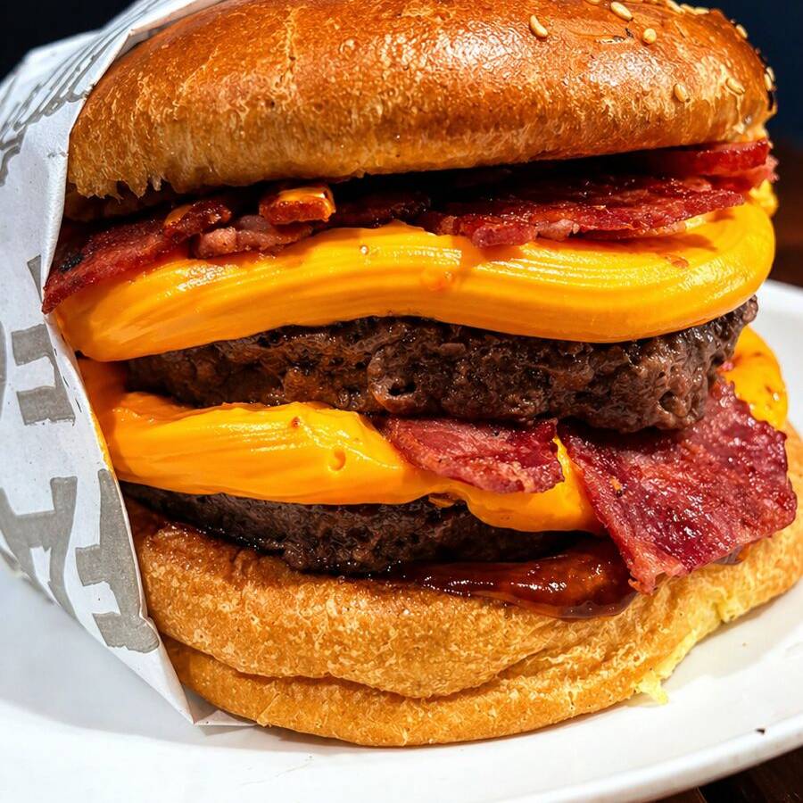 Pão de brioche, 2 hambúrgueres artesanal de carne bovina (120 gr cada), bacon, duplo cheddar, anéis de cebola empanada, molho Bbq, maionese temperada. Acompanhado de batata frita e molho especial.