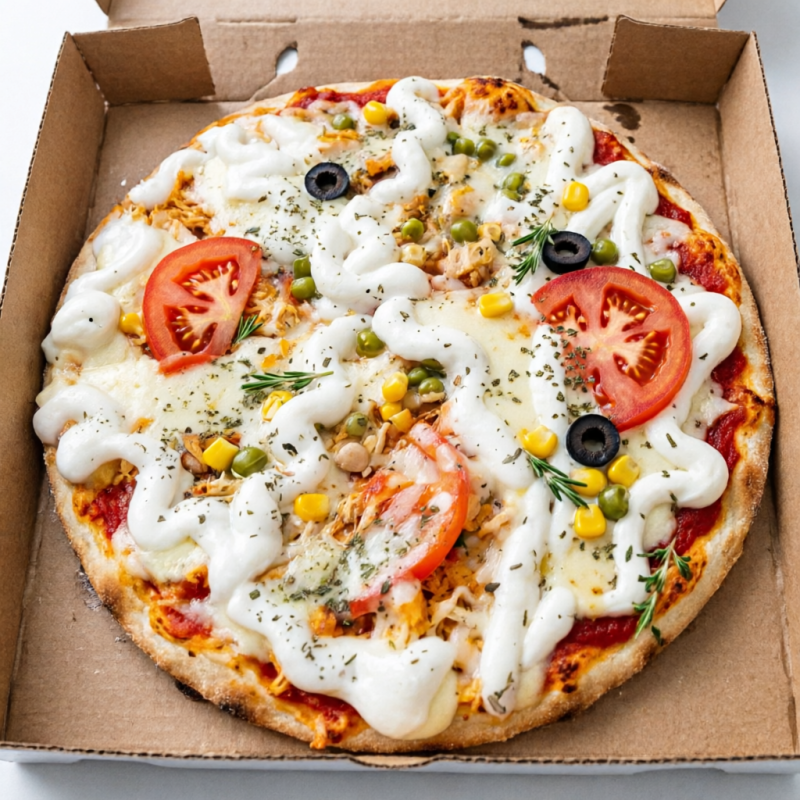 Molho de Tomate, Mussarela, Frango, Catupiry, Tomate, Milho Verde, Azeitona e Orégano