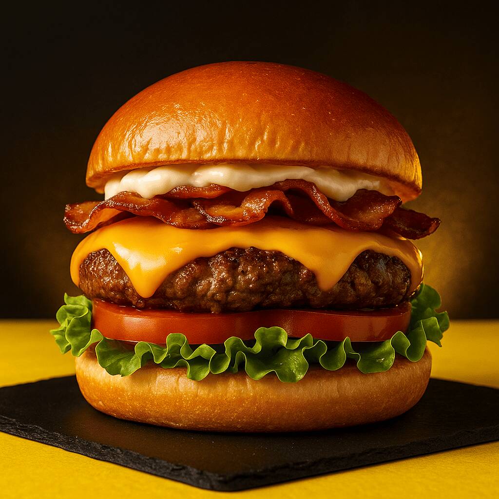 Burger artesanal suculento no pão brioche, com fatia de queijo cheddar derretido, catupiry cremoso, bacon crocante, alface fresca e tomate. Uma explosão de sabor a cada mordida!