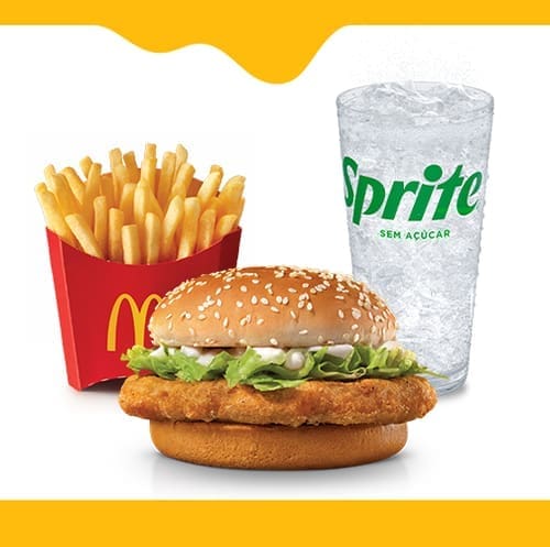 O sabor que você adora. Frango empanado e dourado com molho suave e cremoso, alface crocante num pão com gergelim, McFritas média e bebida